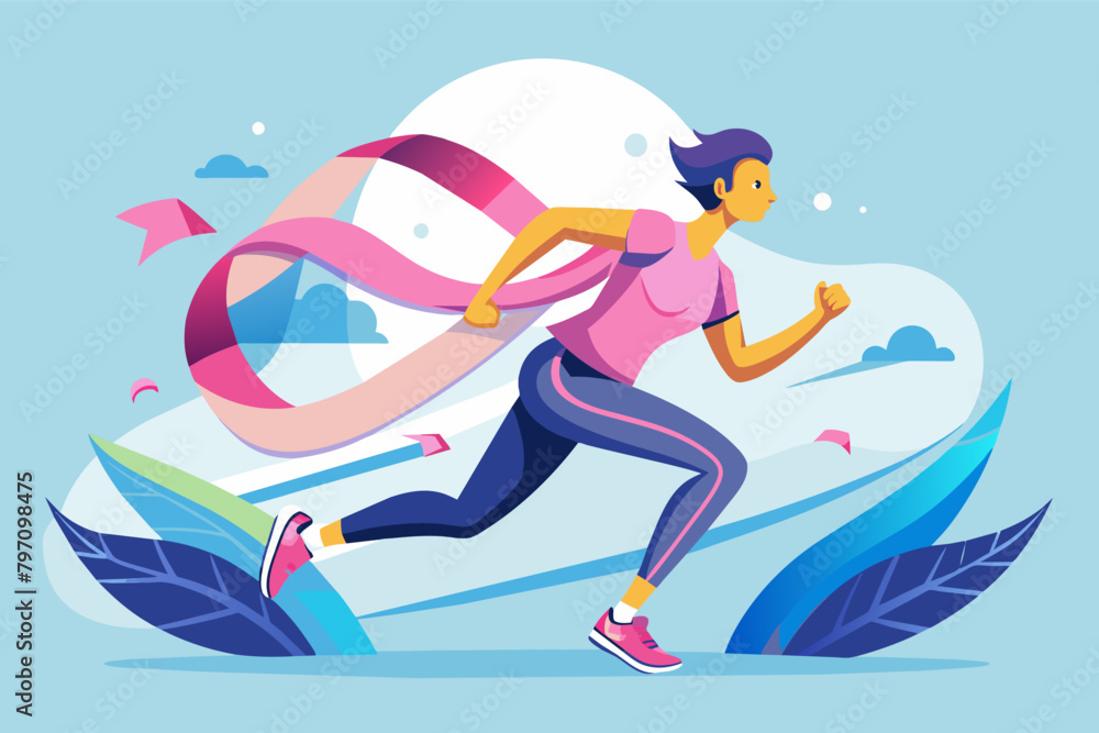 illustration  runner breaking through a finish line shaped like the World Cancer Day ribbon.