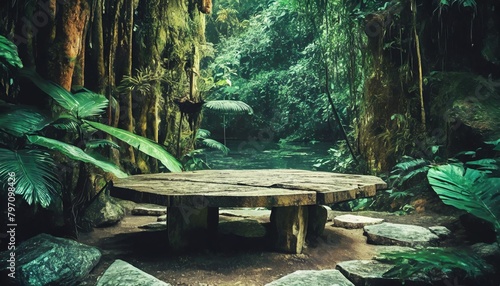 jungle and stone table background created with generative ai technologies