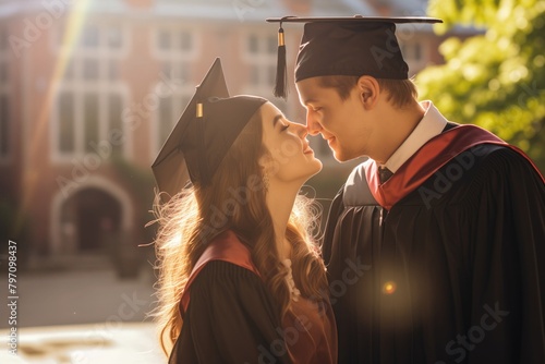 Kissing graduate couple in black graduation caps and gowns standing on the street of a university campus
