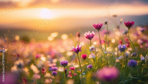 beautiful colorful meadow of wild flowers floral background landscape with purple pink flowers with sunset and blurred background soft pastel magical nature copy space © Paris