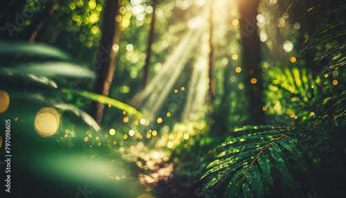 blurred out jungle forest abstract background with lots of bokeh and a sunrays and room for text photo