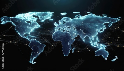 a digital map of the world with interconnected nodes representing global network connections data flow and cyber security technology generative ai