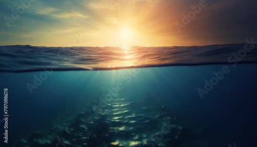 design template with underwater part and sunset skylight splitted by waterline #797098678