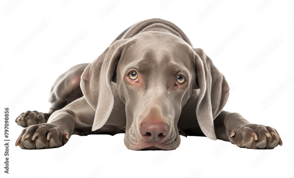 A gray Weimaraner dog lying down on a white surface.