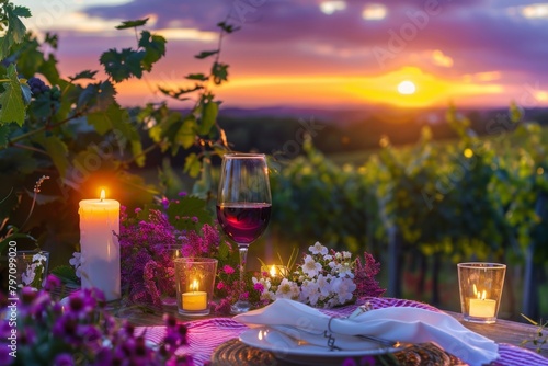 Candlelit picnic table with wine in vineyard at sunset  under a colorful sky