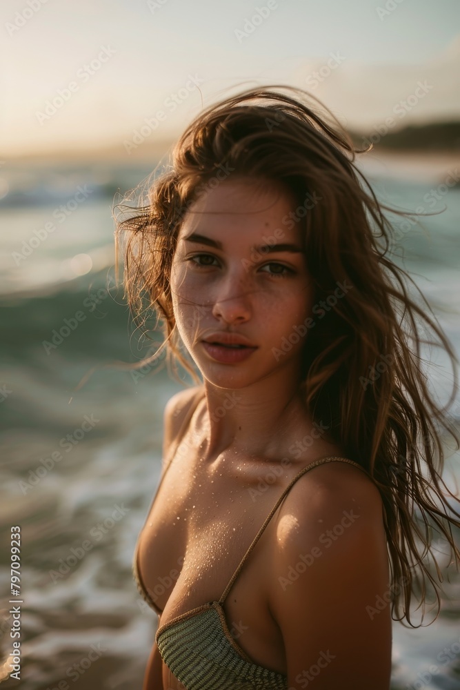 Young woman enjoying sunset at the beach