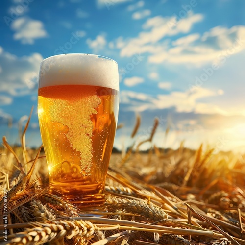 Mug of beer with foam on ears of golden barley or wheat, a symbol of traditional brewing and harvest. Fresh aroma of barley would fill the air, the jug reflects a beautiful sunset.