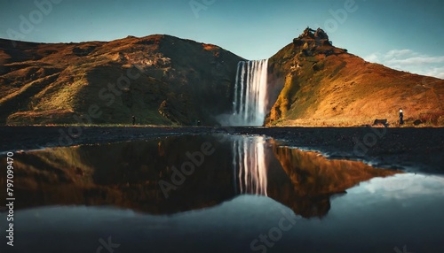 reflection of the skogafoss waterfall photo