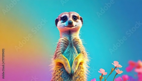 meerkat standing on hind legs against blue yellow pink backdrop