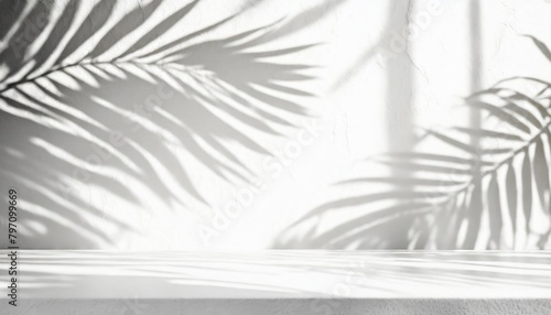 blurred leaves shadow from palm leaves on the light white texture design wall with stage minimal abstract background for product presentation