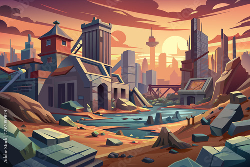 A dystopian cityscape with crumbling buildings in 3D illustration