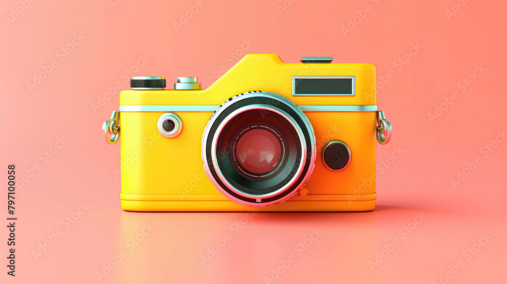 Fototapeta premium Yellow retro camera on yellow background 