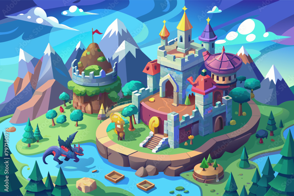 A fantastical kingdom with dragons and knights in 3D cartoon form A fantastical kingdom with dragons and knights in 3D cartoon form