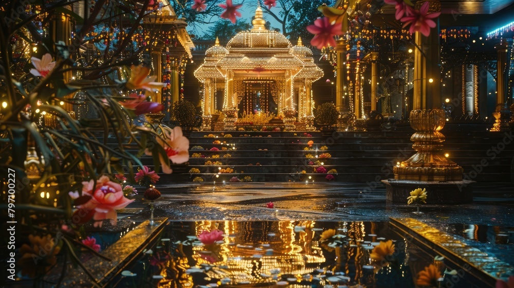 A serene view of a temple decorated with lights and flowers for Vat Savitri Vrat.