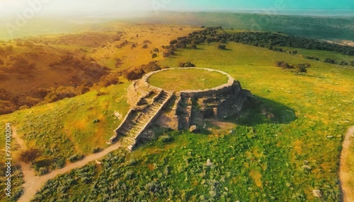 aerial view of ancient megalithic monument in grassland rujum al hiri golan heights israel photo