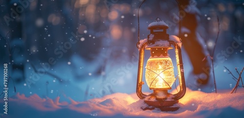 Illuminated Lantern in a Snowy Winter Forest at Twilight