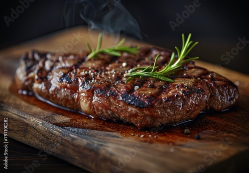Juicy grilled steak with fresh rosemary on wooden board