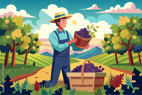 A farmer harvesting ripe grapes in a vineyard, ready to be turned into wine