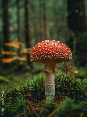 Vibrant Red Mushroom in a Misty Forest
