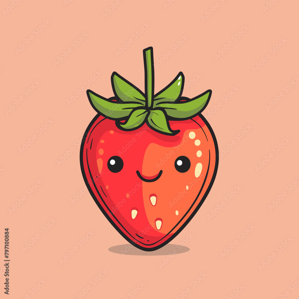 Obraz premium Cute cartoon strawberry character. Vector illustration isolated on orange background.