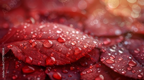 A beautiful natural background with dew drops on a red rose petal. The background is red, so there are no shadows.