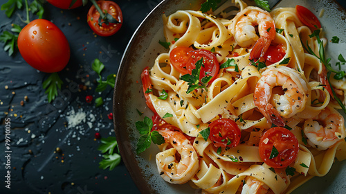 Fettuccine pasta with shrimp, tomatoes and herbs, Top view