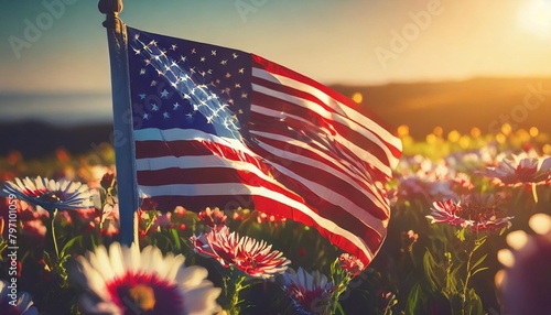 flag of the united states of america waving in the wind and beautiful holiday flowers © Paris