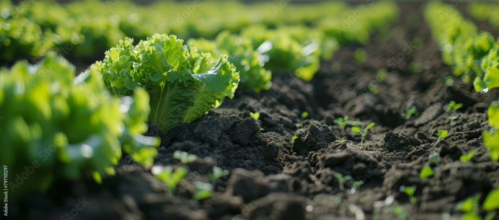 Fresh lettuce growing in fertile farm soil under sunlight Fresh lettuce growing in fertile farm soil under sunlight
