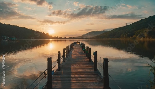 lake at sunset long wooden pier photo