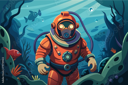 A fearless deep-sea diver in a pressurized suit, exploring the depths of the ocean.