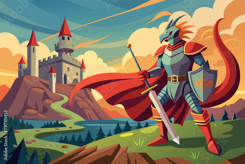 A fearless knight in shining armor and a flowing cape, defending a castle against a dragon