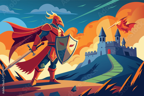 A fearless knight in shining armor and a flowing cape, defending a castle against a dragon.