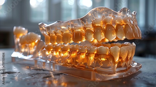 A transparent model of human teeth with implants, teeth, nerves, tartars. To inform clients about dental clinics, a layout of a dental jaw with implants, teeth, nerves and tartars. Close-up of a photo