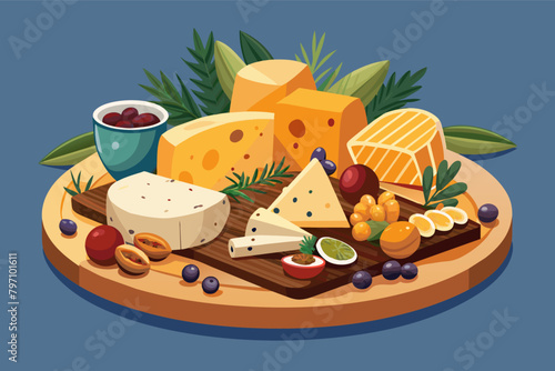 A festive cheese platter arranged with a variety of soft and hard cheeses, crackers, nuts, and dried fruits