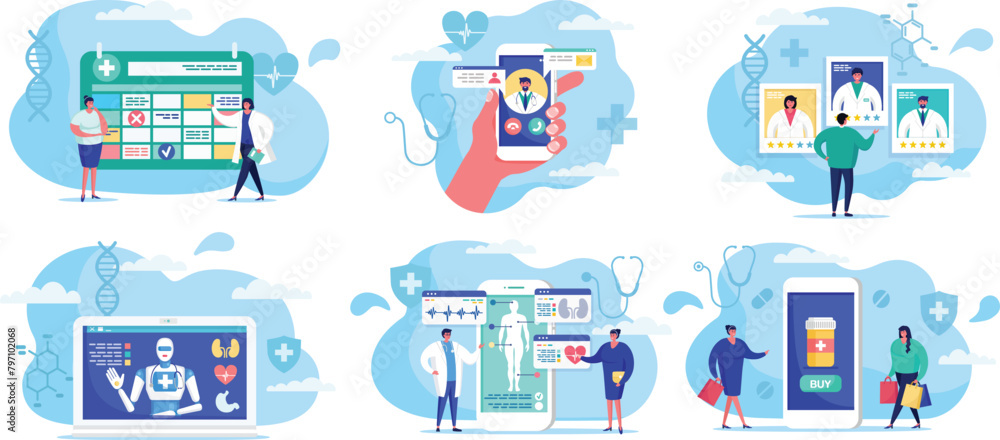 Digital healthcare concept characters, online doctor appointments medical consultation. Variety healthcare services offered online professionals, technology medicine, easy accessibility. Flat design Digital healthcare concept characters, online doctor appointments medical consultation. Variety healthcare services offered online professionals, technology medicine, easy accessibility. Flat design