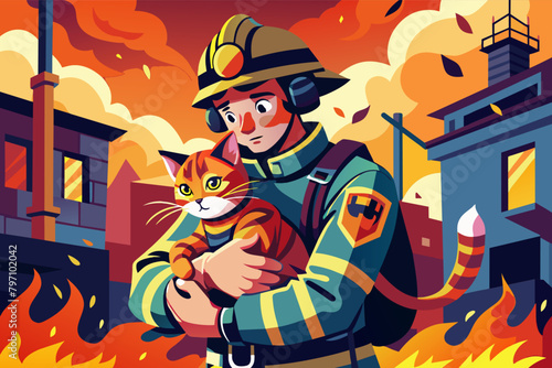 A firefighter, exhausted but triumphant, emerges from a burning building cradling a rescued cat in their arms