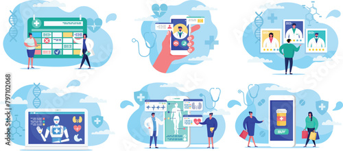 Digital healthcare concept characters, online doctor appointments medical consultation. Variety healthcare services offered online professionals, technology medicine, easy accessibility. Flat design