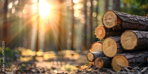 Sunset through the trees illuminating a stack of freshly cut logs