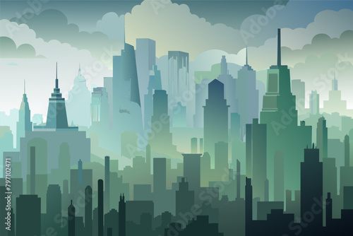 A fog-covered city skyline, the towering buildings barely visible through the dense mist