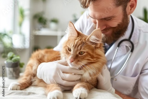 Caring veterinarian vet clinic doctor medicine kitten pet animal holding cute health medical help treatment specialist check breed healthy cat beautiful creature love care recovery relaxation
