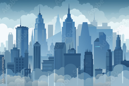 A fog-covered city skyline, the towering buildings barely visible through the dense mist