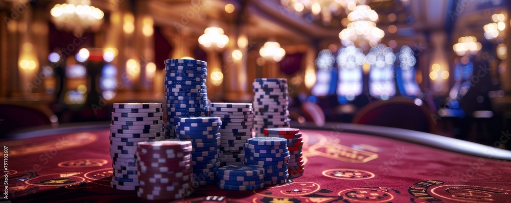 Casino chips on a vibrant gaming table Casino chips on a vibrant gaming table