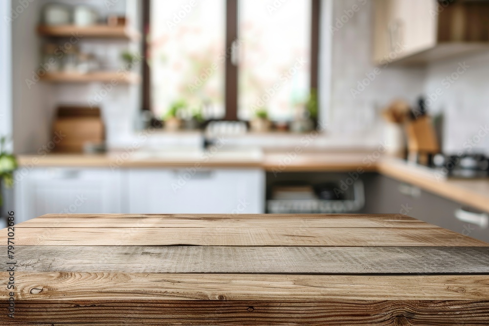 Empty wooden table with a modern kitchen background