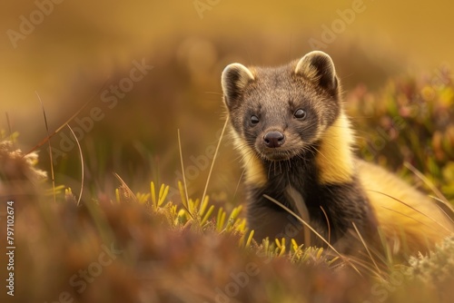 Curious Pine Marten in a Natural Meadow