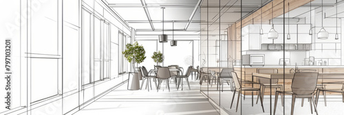 An interior design drawing of the bright cafe in white, grey tiles with light wood accents, large windows, pendant lights above table, chairs around it, modern style.