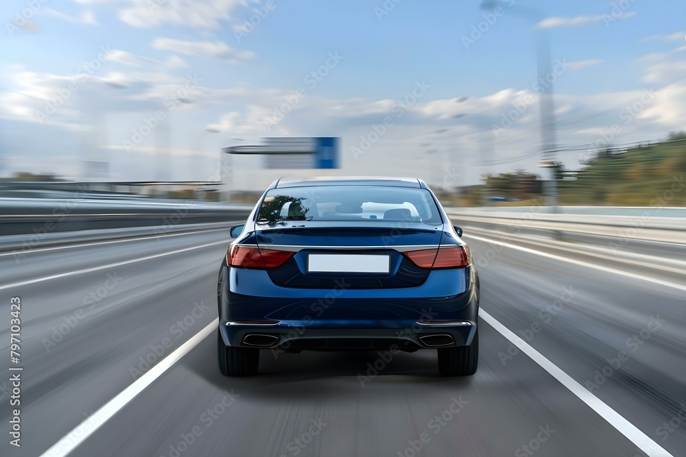 Blue business car speeding on highway viewed from behind in a turn. Concept Vehicle, Highway, Speeding, Business, Blue Blue business car speeding on highway viewed from behind in a turn. Concept Vehicle, Highway, Speeding, Business, Blue