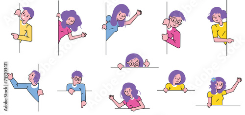 Young cartoon characters playing peekaboo, hiding behind lines, colorful joyful illustrations. Vibrant cartoon people engaging playful activities, peering around corners bright expressions. Flat