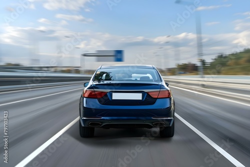 Blue business car speeding on highway viewed from behind in a turn. Concept Vehicle, Highway, Speeding, Business, Blue