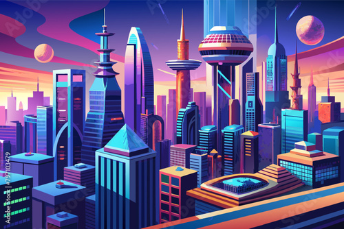A futuristic cityscape with towering skyscrapers in 3D illustration