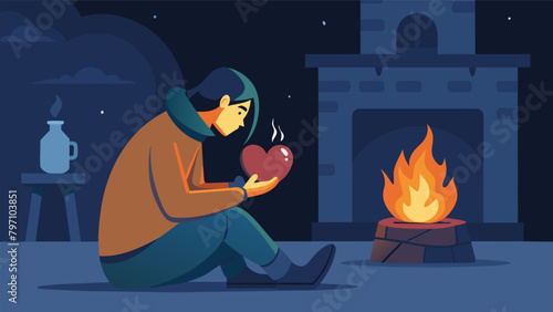 In front of the fireplace a weary traveler poured out their struggles to their host finding solace in the flickering flames.. Vector illustration